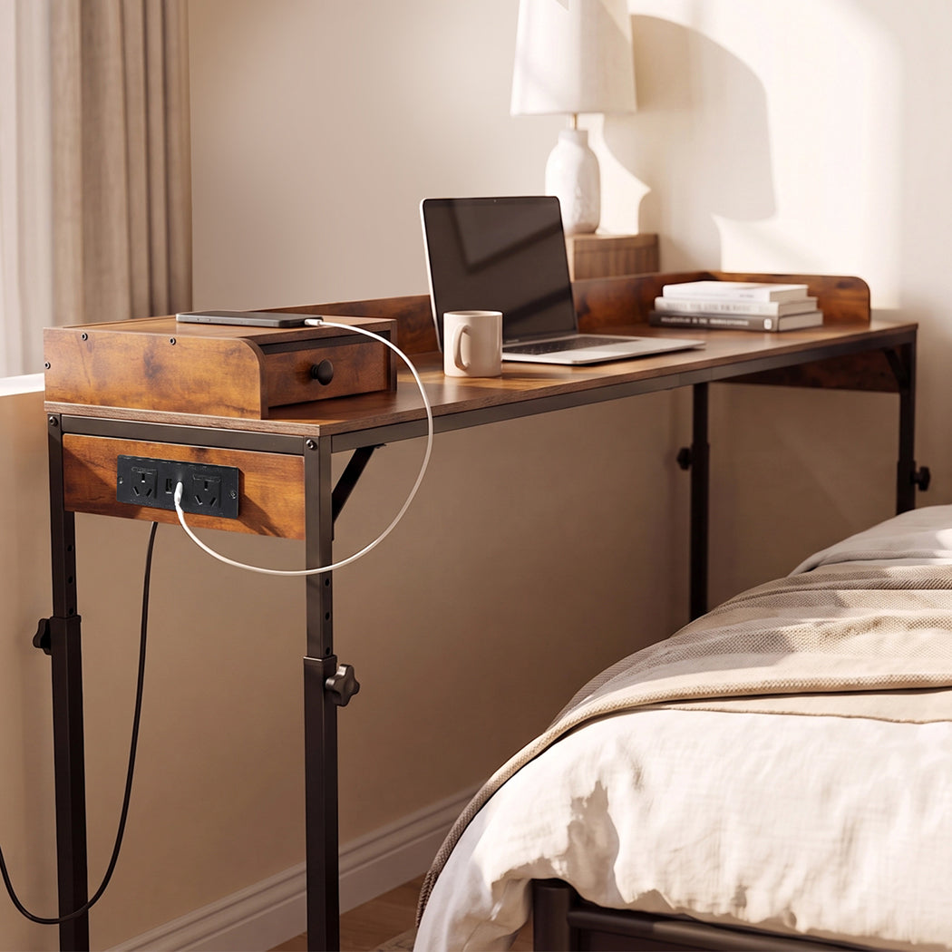 Overbed Table 180cm 84-109cm Mobile with Charging Station Bedroom Brown