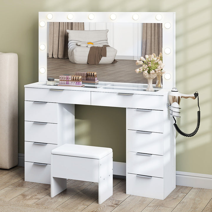 Dressing Table LED Makeup Mirror Stool Set Vanity Desk Cabinet 10 Drawers