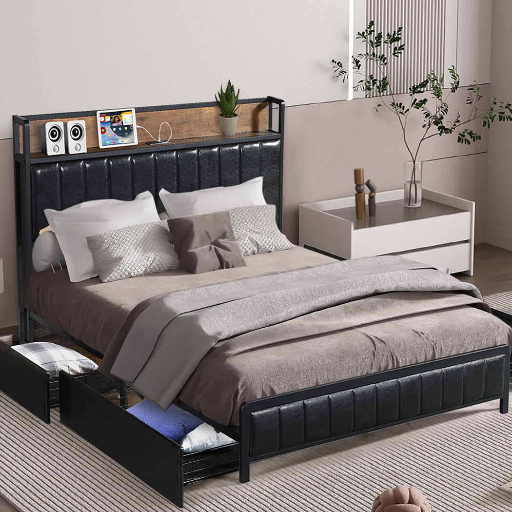 Levede Queen Bed Frame PU 4 Drawer USB Charge - Levede