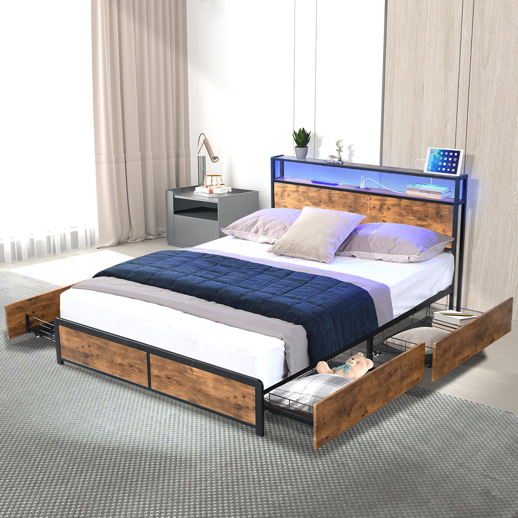 Levede Bed Frame with RGB LED, Drawers, Storage Headboard, and USB Charging - Levede