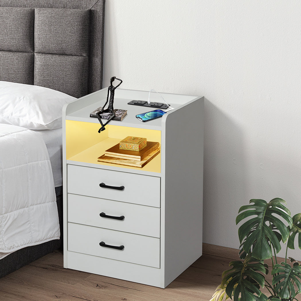 Levede Bedside Table with USB Charger Outlet and LED Light - Levede