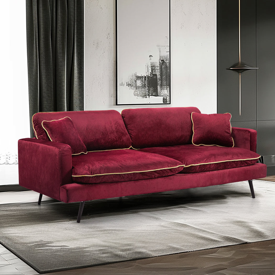 Levede Velvet Sofa Armchair 3 Seater Couch Red 210cm Wide - Levede