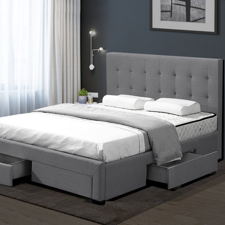Bed Frame King Fabric With Drawers Storage Wooden Mattress Grey