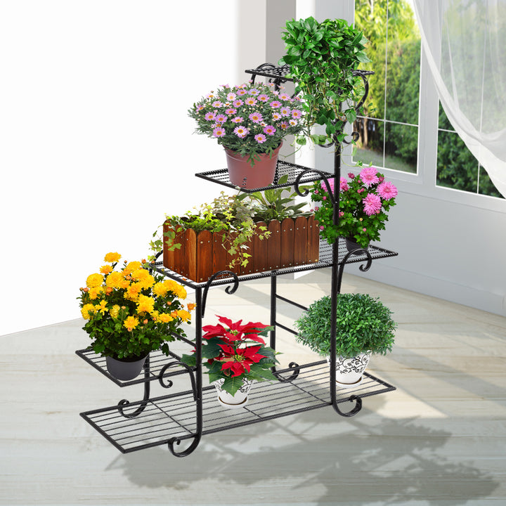 Plant Stand Outdoor Indoor Metal Flower Pots Rack Corner Planter Shelf- Black