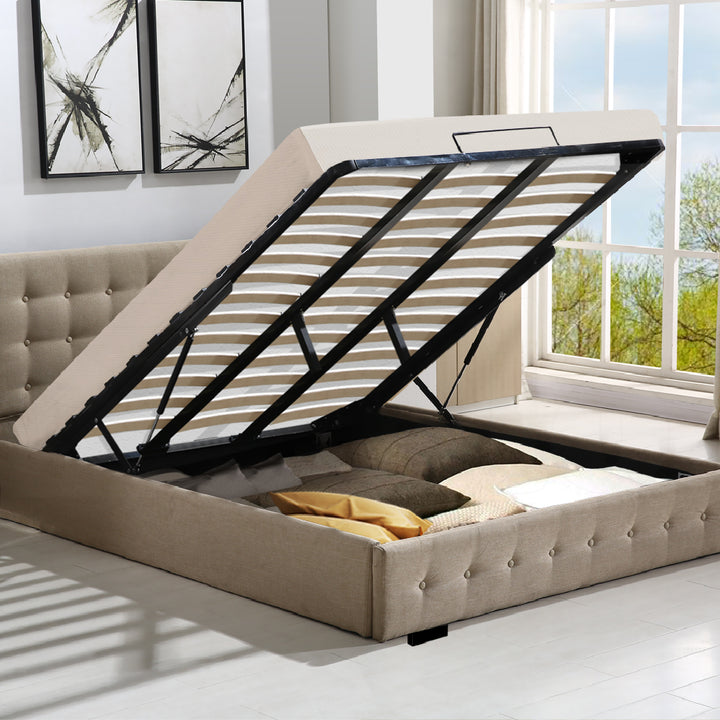 King Bed Frame Fabric Tufted Mattress Platform Gas Lift Storage Beige