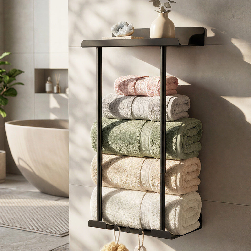 Adjustable Towel Rack 3 Hooks Bathroom Towel Storage Holder Wall Mounted