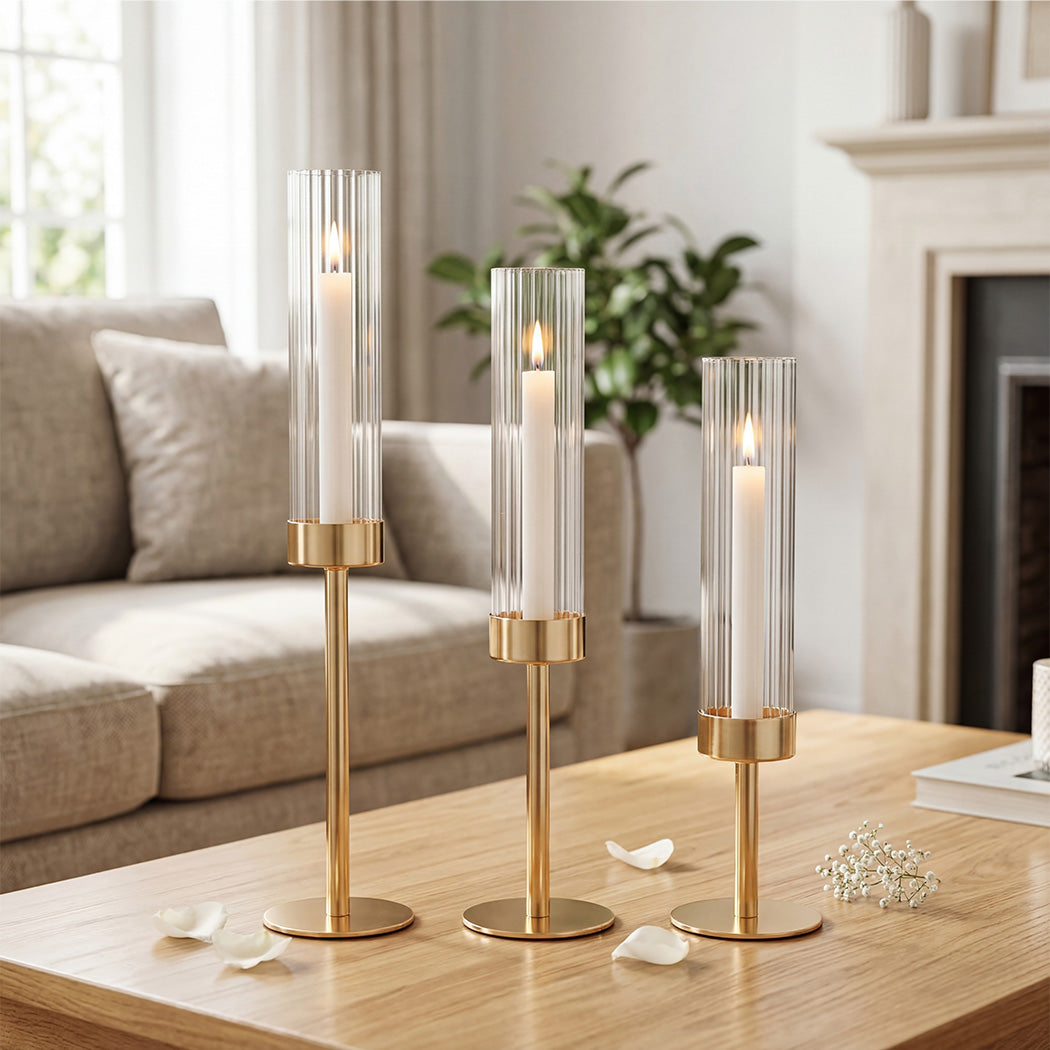 Candle Holder 3Pc Removable Windproof Glass Shade Metal  Gold