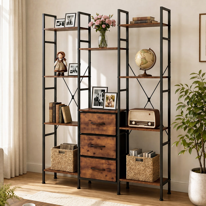 Bookshelf 10 Open Cubes 3 Fabric Drawers Wood Black