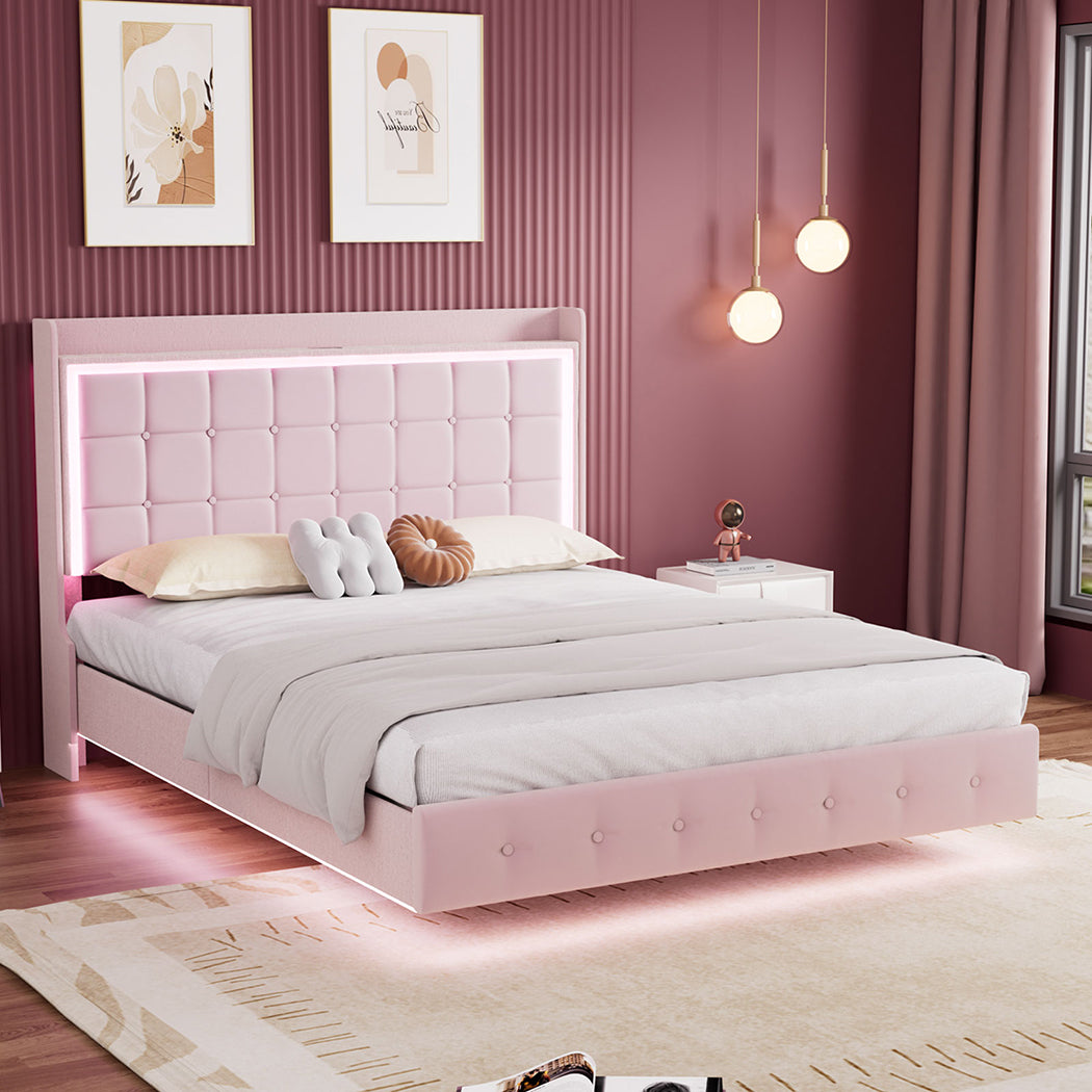 King Floating Bed Frame With RGB LED Light Headboard USB Charge