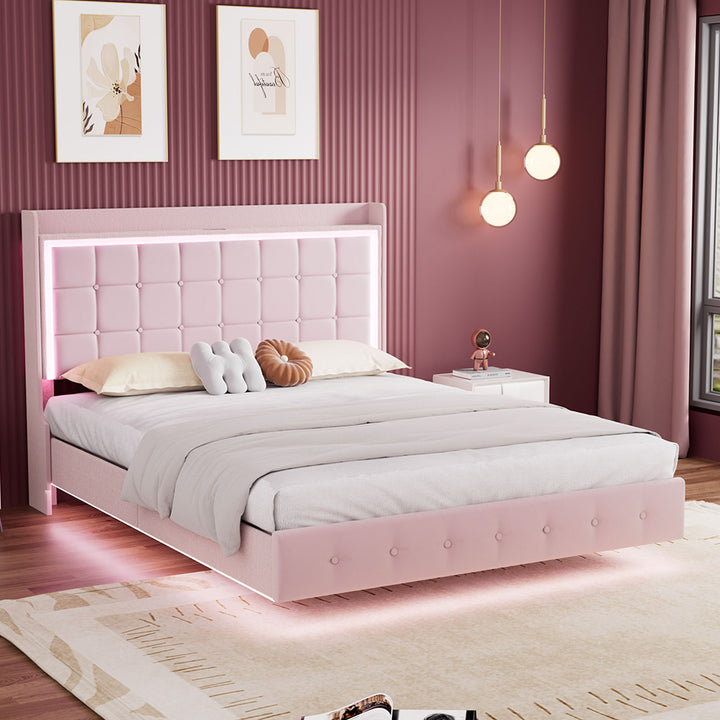 King Floating Bed Frame With RGB LED Light Headboard USB Charge