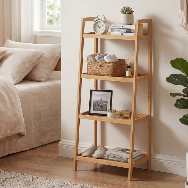 Bamboo Ladder Bookcase 4-Shelf Books Plant Storage Shelf Rack Organiser