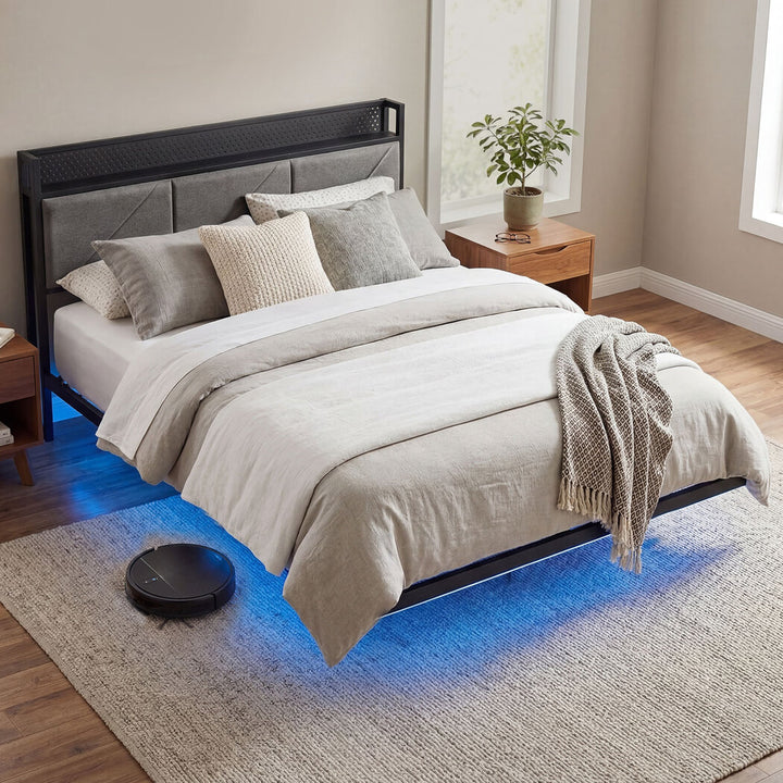 Floating Bed Frame Double LED USB Power Storage Headboard Metal Base