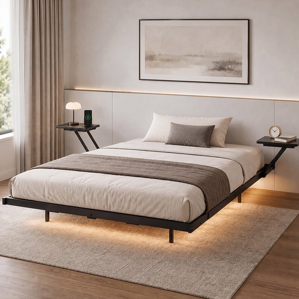 Double Bed Frame Floating Frame with Storage Shelves RGB Lights Black