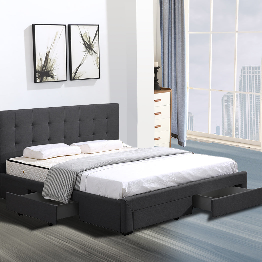 Levede Fabric Bed Frame Tufted with Storage in Dark Grey - Levede