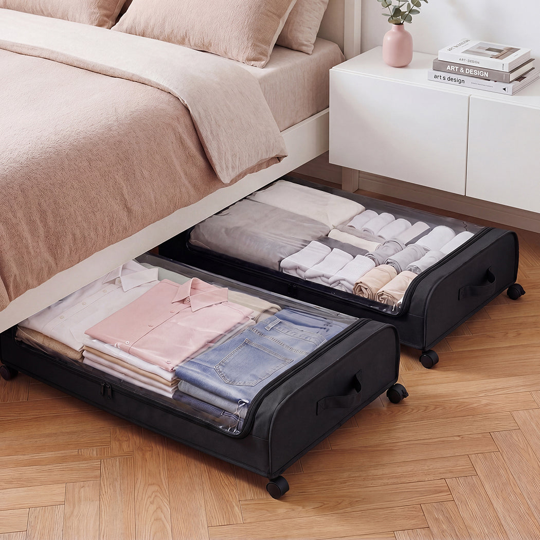 Levede 2x Under Bed Storage Containers for Shoe and Apparel Clear-Lidded Black