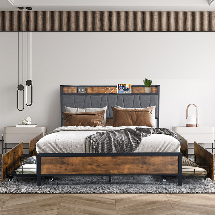 Levede Queen Bed Frame Soft Storage Drawers Headboard USB Charge - Levede