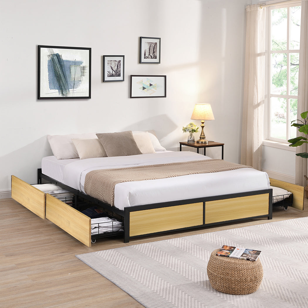 Metal Bed Frame Mattress Base Platform Wooden 4 Drawers Queen Bedding