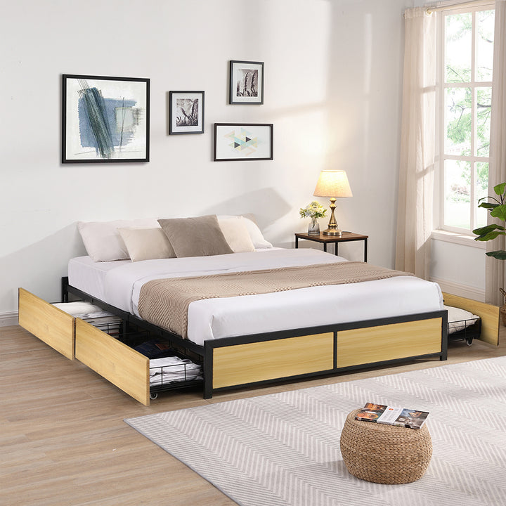 Metal Bed Frame Mattress Base Platform Wooden 4 Drawers Queen Bedding