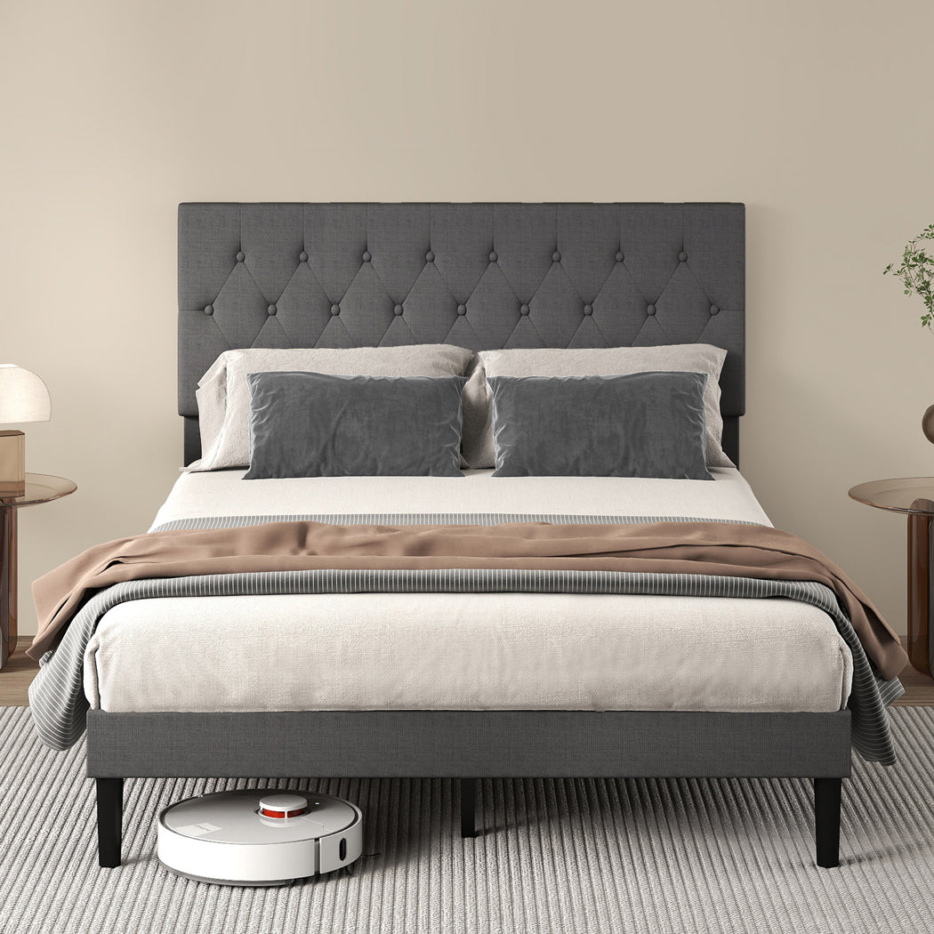 Bed Frame Upholstered Headboard Bedroom Mattress Base Dark Grey