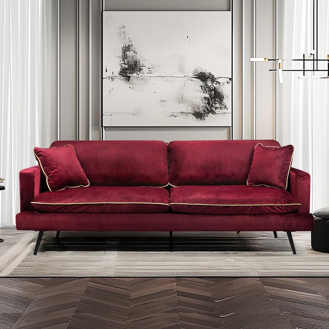 Levede Velvet Sofa Armchair 3 Seater Couch Red 210cm Wide - Levede