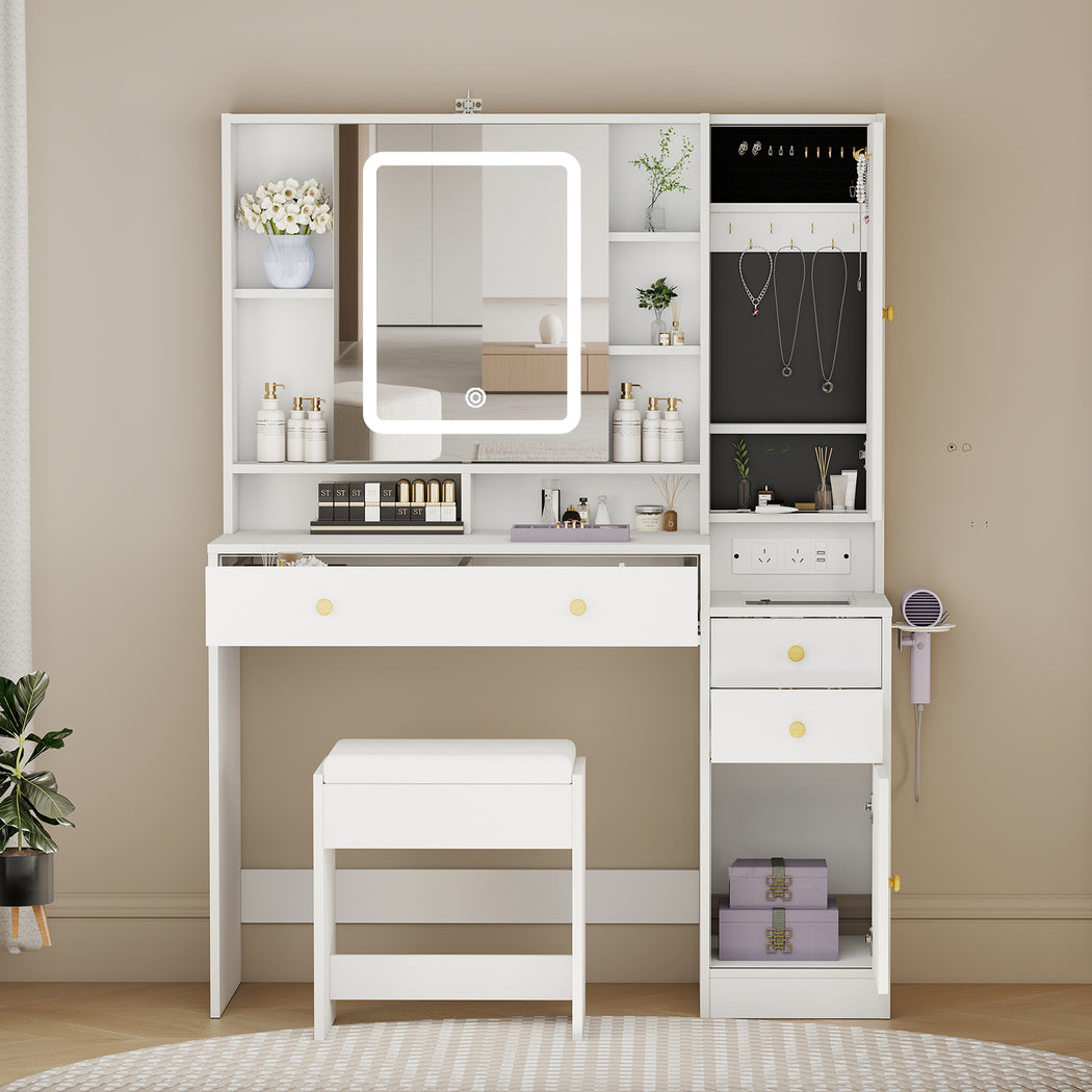 Dressing Table Stool Set with Mirror Led Makeup Vanity Desk Drawers White