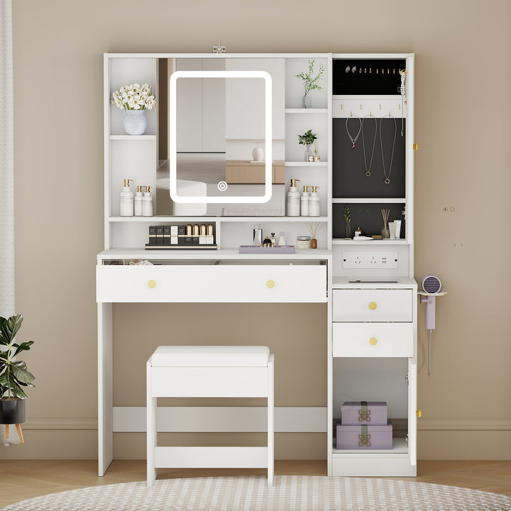 Dressing Table Stool Set with Mirror Led Makeup Vanity Desk Drawers White