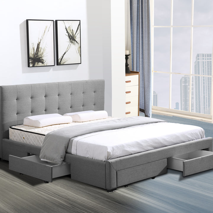 Fabric Bed Frame Queen Tufted 4 Drawers Storage Wooden Mattress Base Grey