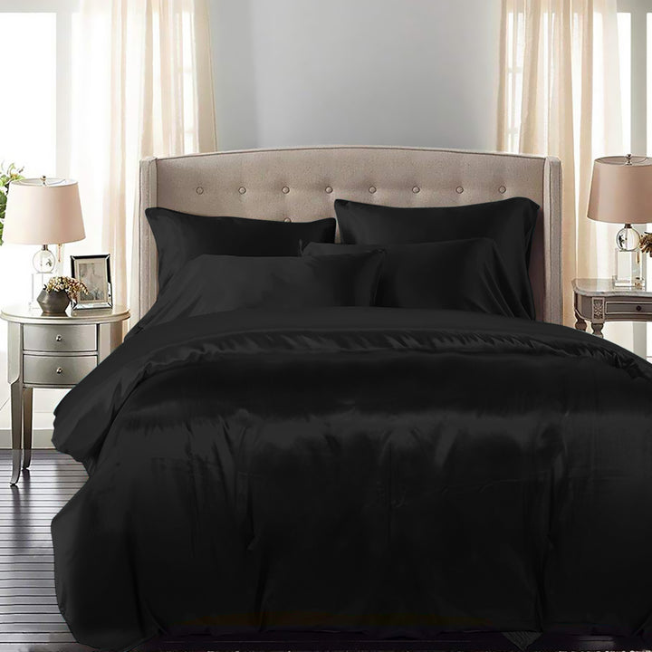 DreamZ Silky Satin Quilt Cover Set Bedspread Black Double-1831592997301653511