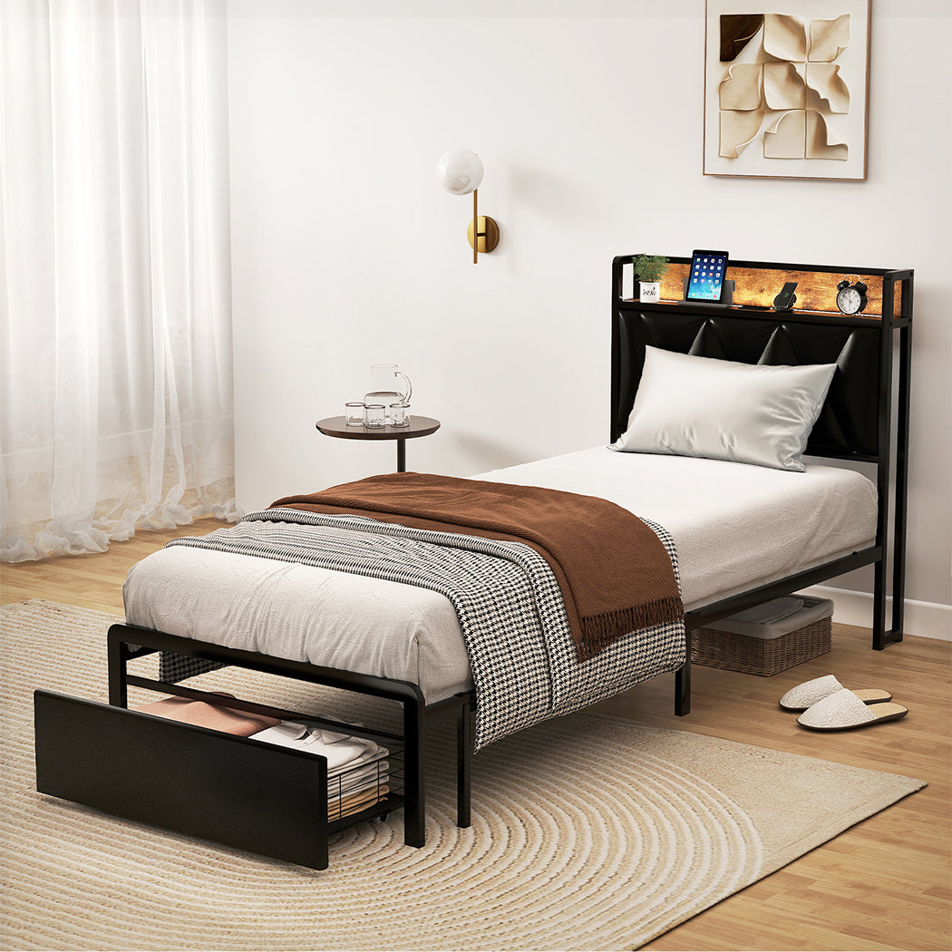 Metal Bed Frame Drawer PU Upholstered Headboard Under Storage