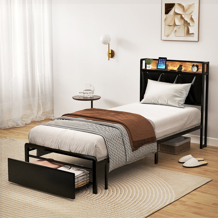 Metal Bed Frame Drawer PU Upholstered Headboard Under Storage