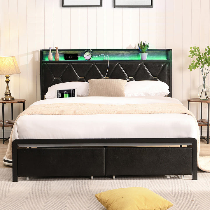 Metal Bed Frame Drawer PU Upholstered Headboard Under Storage