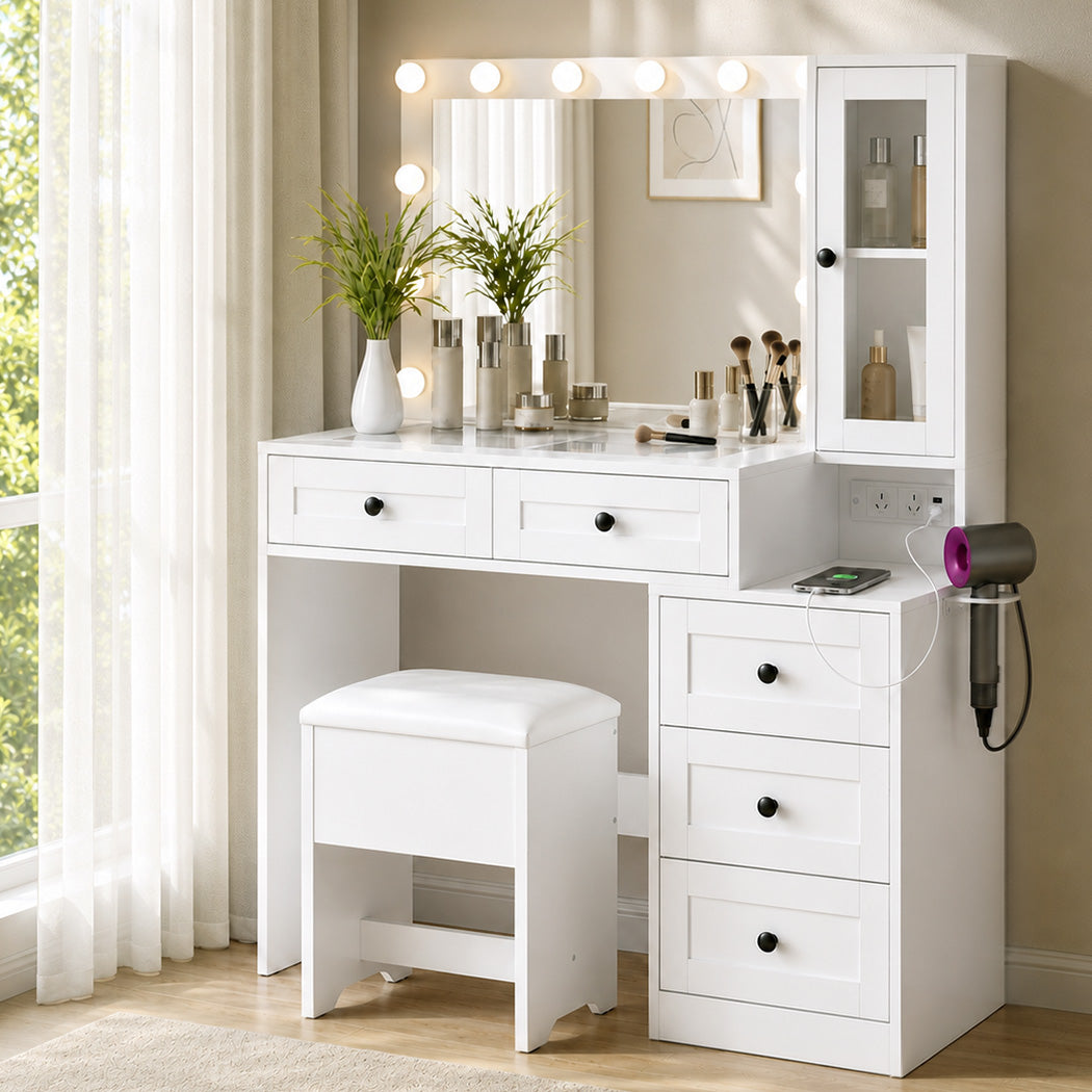 Dressing Table Vanity Desk with LED Mirror 5 Drawers Charging White
