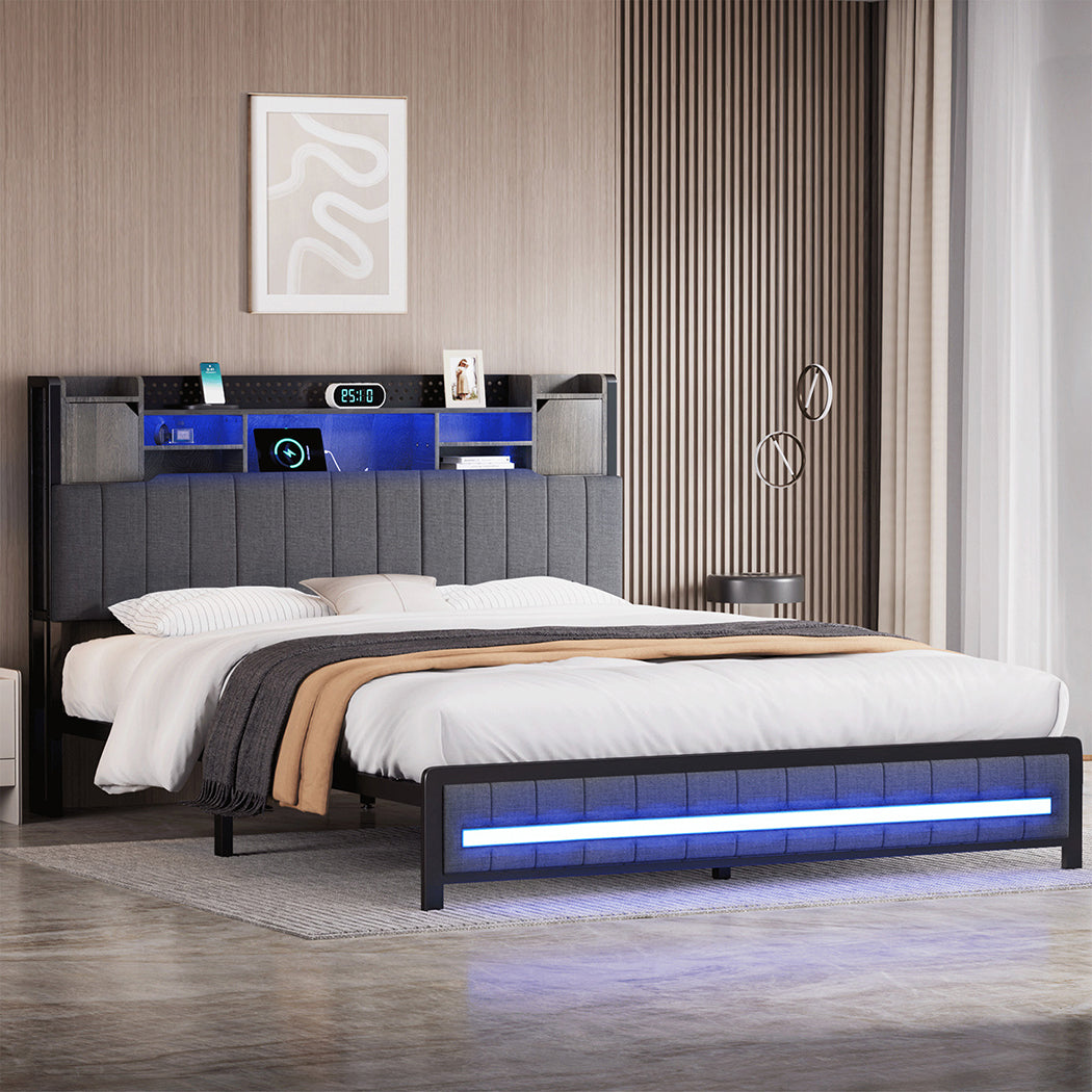 Bed Frame Linen Upholstered Storage Headboard LED Charging 2 Ports