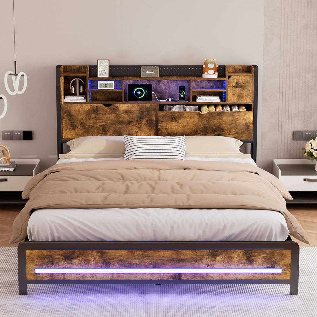 King Bed Frame Storage Headboard Shelf Industrial RGB Light LED Charging