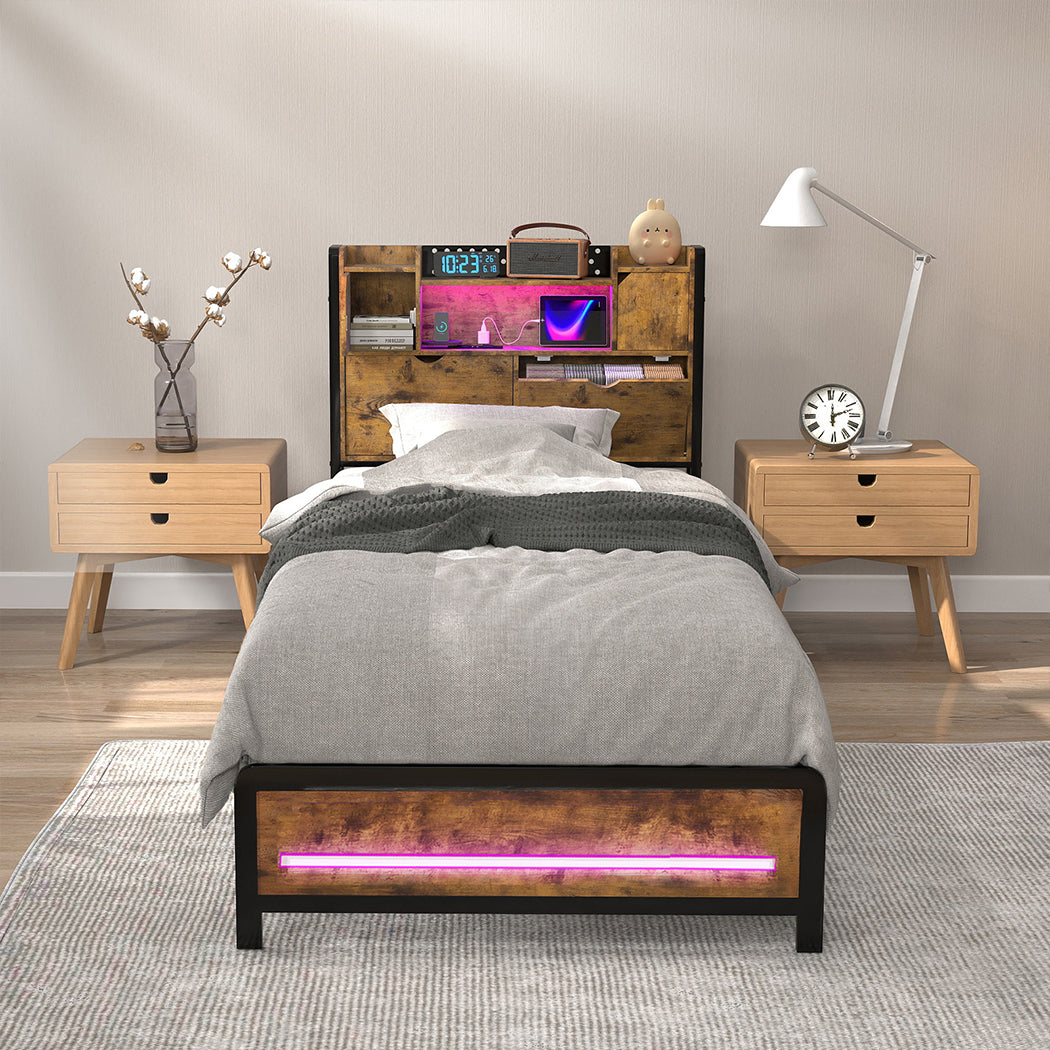 Single Bed Frame Storage Headboard Industrial RGB Light LED Charging