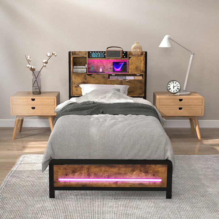 Single Bed Frame Storage Headboard Industrial RGB Light LED Charging
