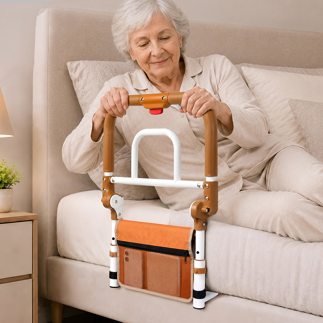 Bed Rail Foldable 2 Handle Adjustable Height Non-Slip Grip Orange