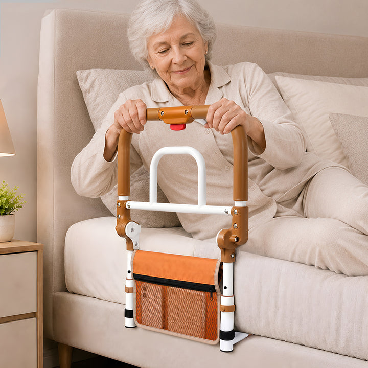 Bed Rail Foldable 2 Handle Adjustable Height Non-Slip Grip Orange
