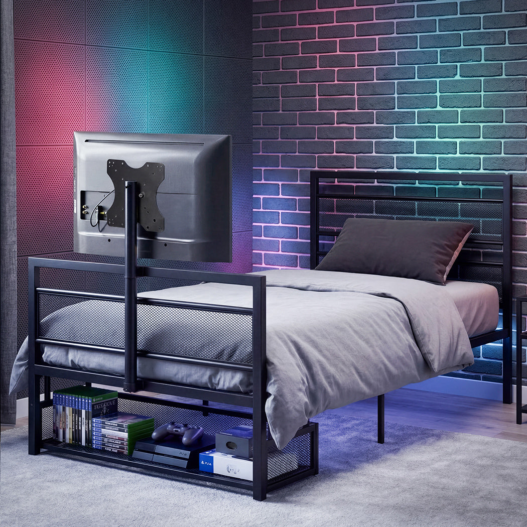 Levede Gaming Bed Frame Rotating TV Mount Storage Metal Single Bed 32in Bedroom