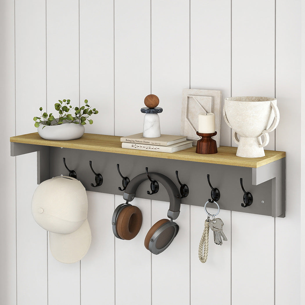 Coat Rack Wall Mounted Shelf 7 Double Hooks Storage Entryway Hallway