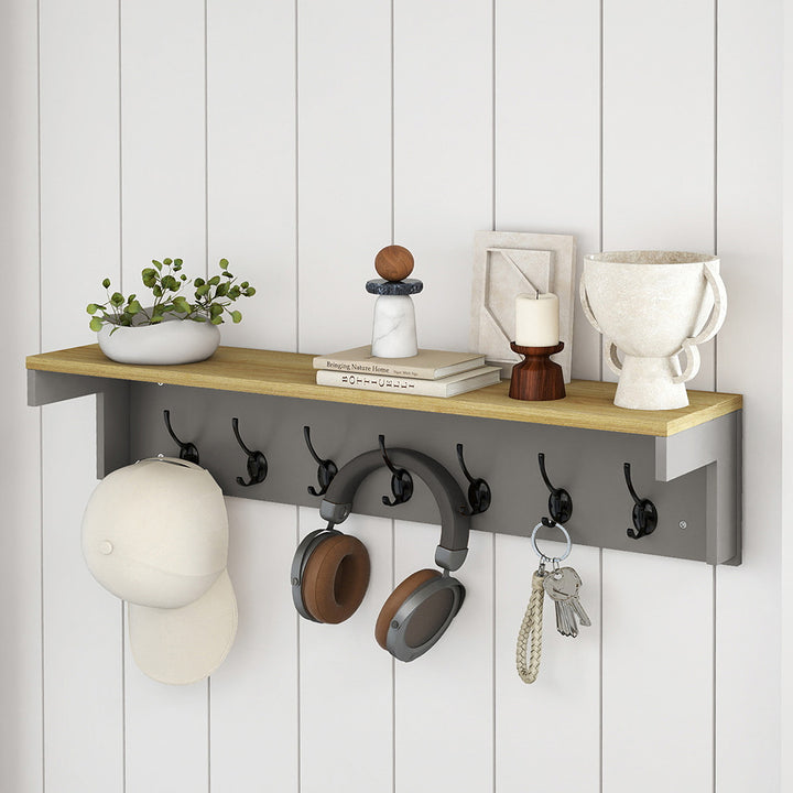 Coat Rack Wall Mounted Shelf 7 Double Hooks Storage Entryway Hallway