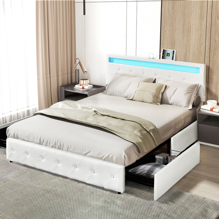 Levede Bed Frame RGB LED PU with 4 Drawers and USB Charging - Levede