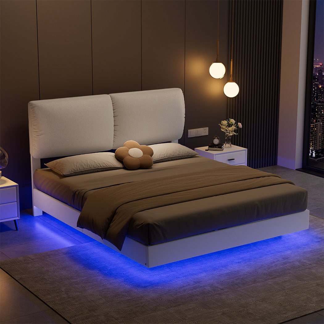 Floating Bed Frame With RGB LED Light Headboard Base Platform Double
