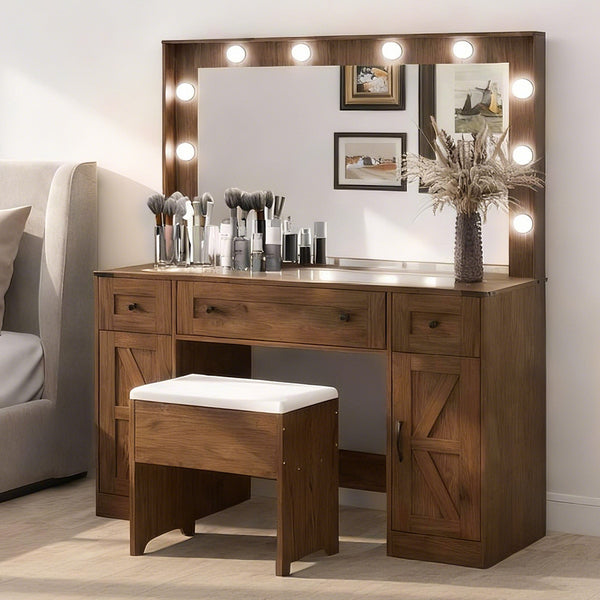 Dressing Table LED Makeup Mirror Stool Set  Vanity Desk Cabinet 3 Drawers