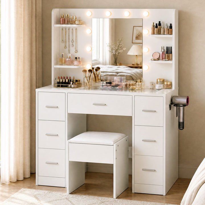 Dressing Table Makeup Vanity with Lights Glass Desktop 7 Drawers White