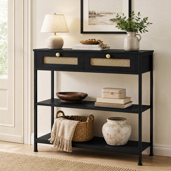 Console Table with Drawers 3-Tier Slim Hallway Table 80cm Entryway Black