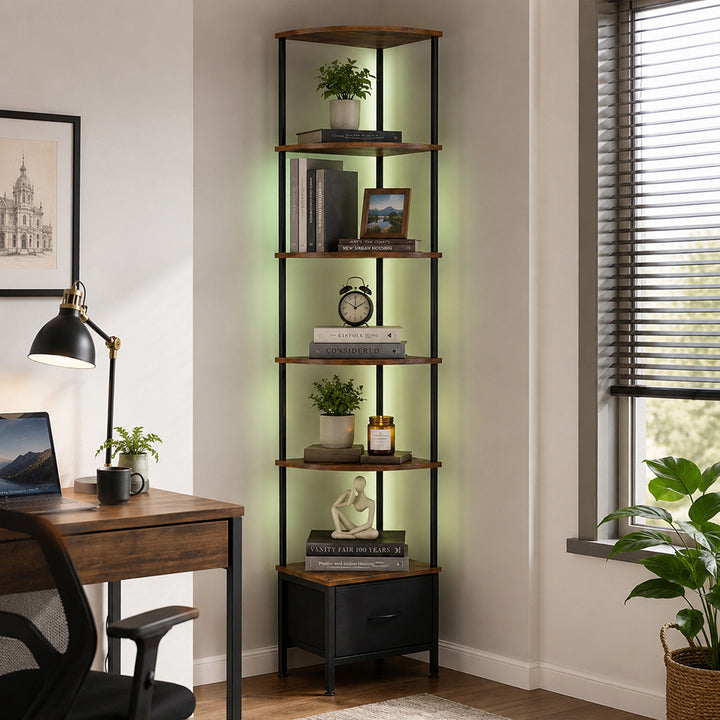 Corner Bookshelf Corner Shelf Unit 6-Tier with LED Light Drawer Brown