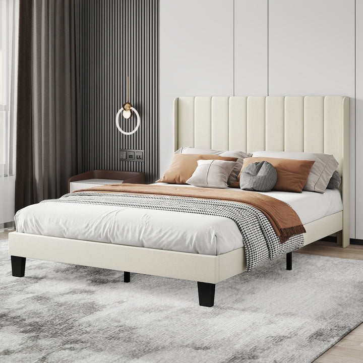 Metal Wooden Bed Frame Double Panel Plush Upholstered Mattress Platform