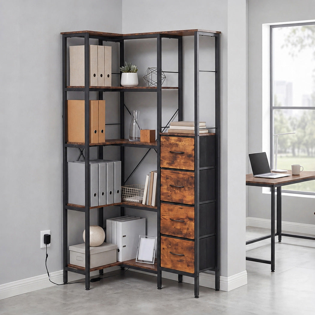 Corner Bookshelf with 4 Fabric Drawers & LED Light 5 Tier Bedroom Rustic