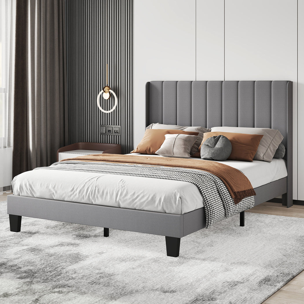 Metal Wooden Bed Frame Queen Panel Plush Upholstered Soft Headboard Grey